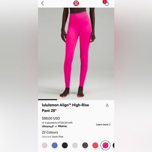 lululemon Align™ High-Rise
Pant 28" in “Sonic Pink” size 4